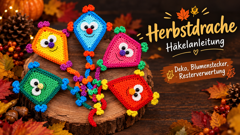 Lustige Herbstdrachen häkeln – Herbstdeko & Blumenstecker