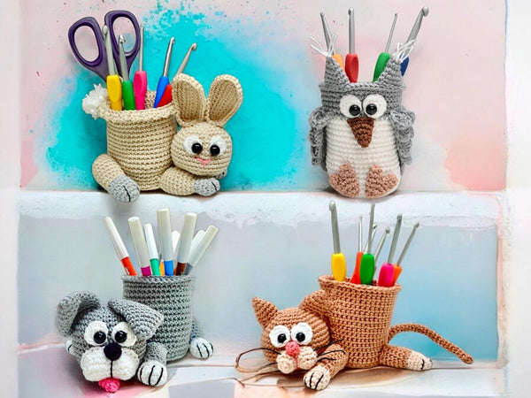 Häkelanleitung - 4 Tierische Stift/Nadelhalter im Set